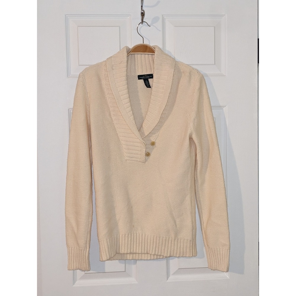Lauren Jeans Co. Shawl Collar Pullover Knit Sweater Casual Cream Medium